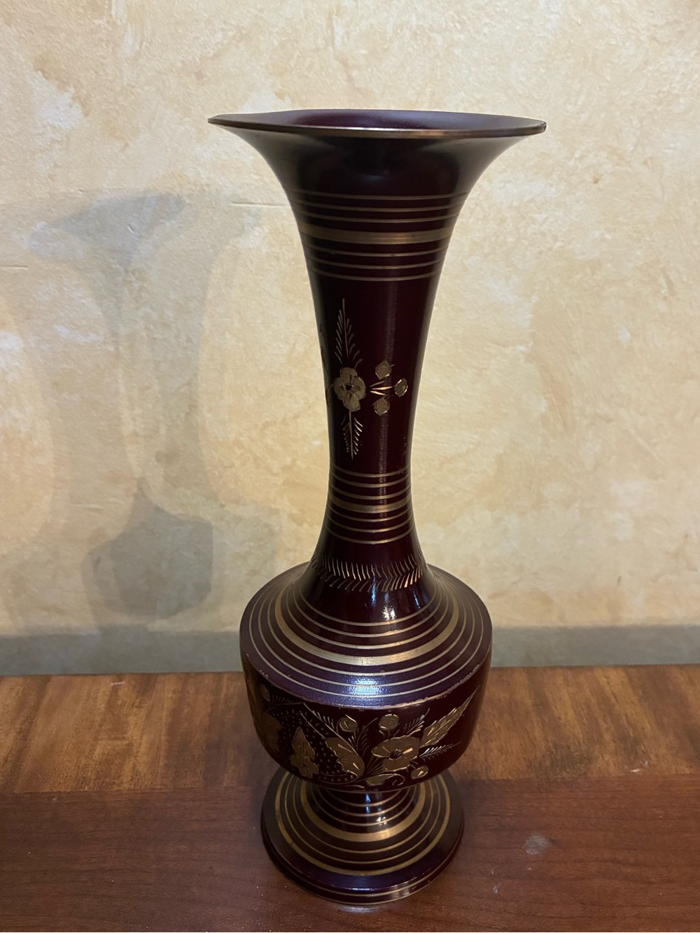 Vintage Burgundy Etched Brass Vase